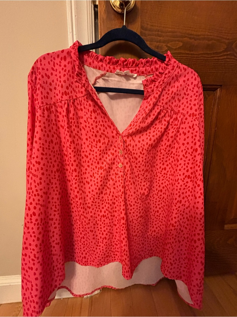 Coral Pink Ruffle-Trim V-Neck Blouse - XL